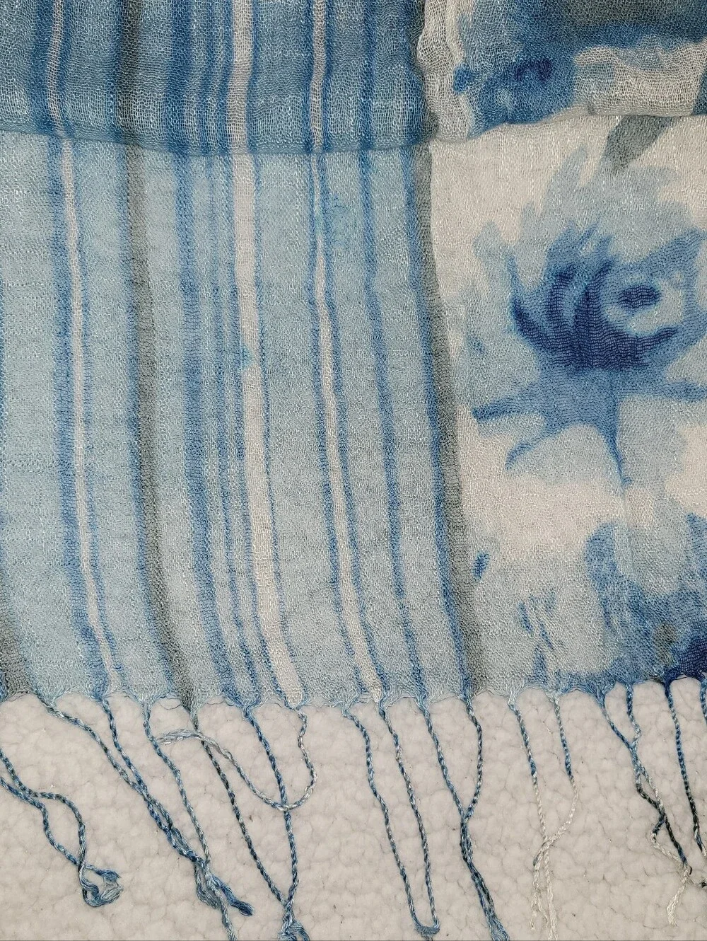 Blue Floral & Striped Lightweight Scarf Wrap Fringe Hem 22